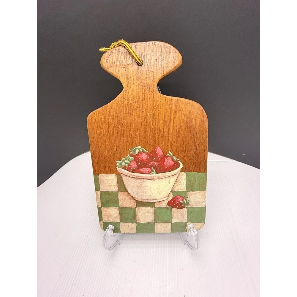 Vintage 80s Hand Painted Strawberry Cutting Board Grannycore Kitchen Folk Art
